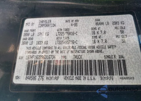 1995 Dodge Ram 1500 from USA, damaged, VIN 1B7HF16Z6SS316734